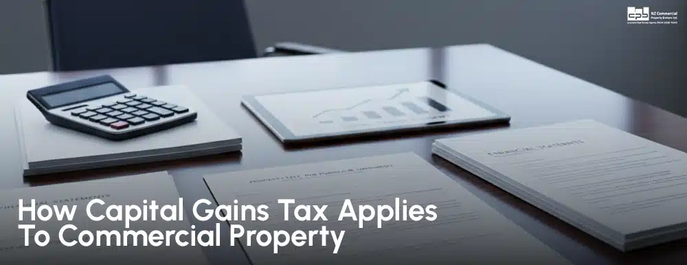 Office desk with calculator, financial charts, and text overlay: How Capital Gains Tax Applies To Commercial Property.
