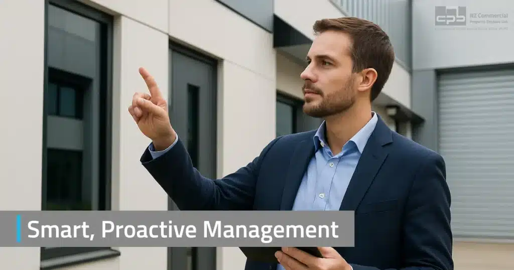 A property manager inspects an office complex exterior while holding a digital tablet.