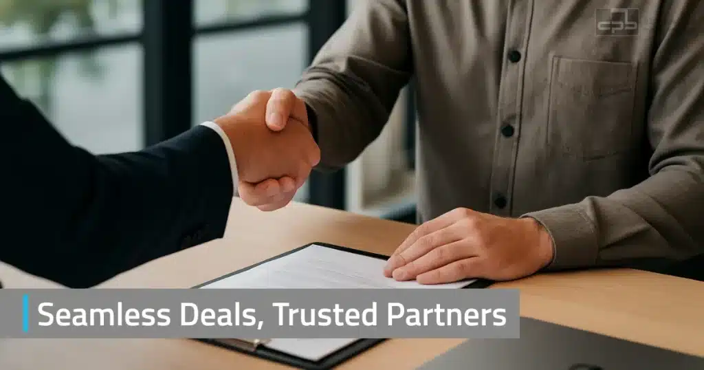 Two professionals shaking hands over a signed lease agreement in an office setting.