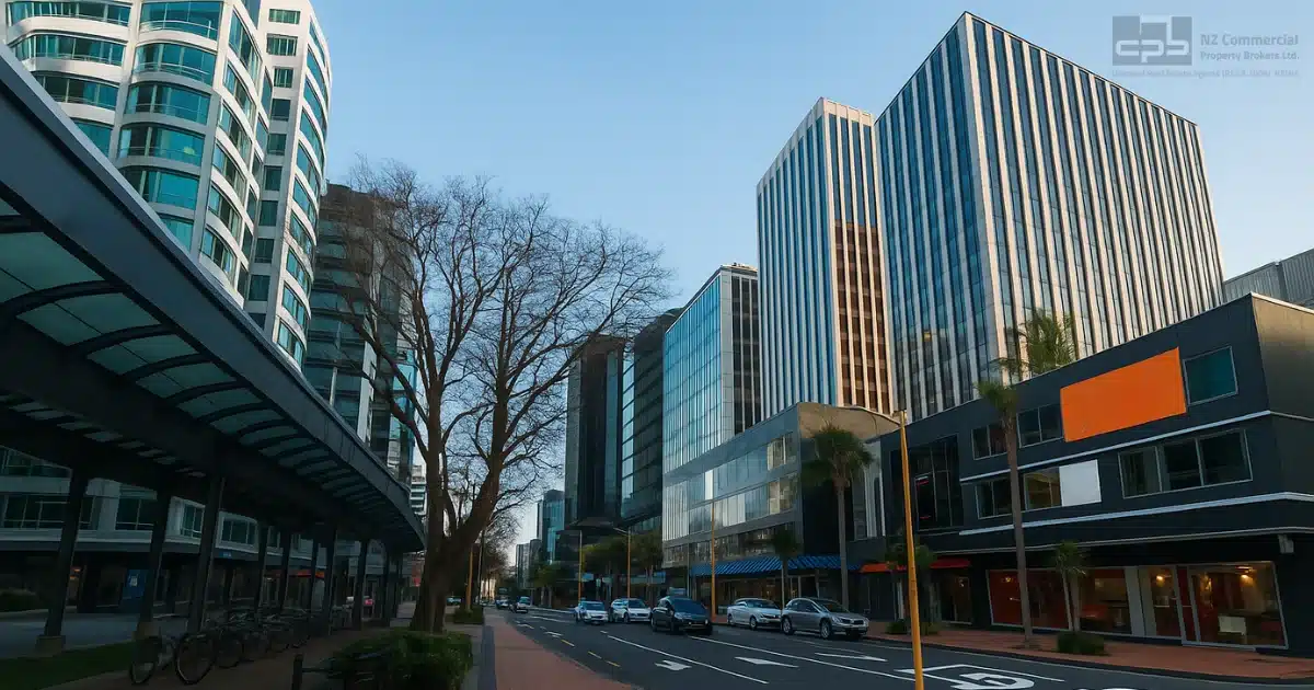 Modern commercial buildings line a quiet street in a city business district at sunrise.