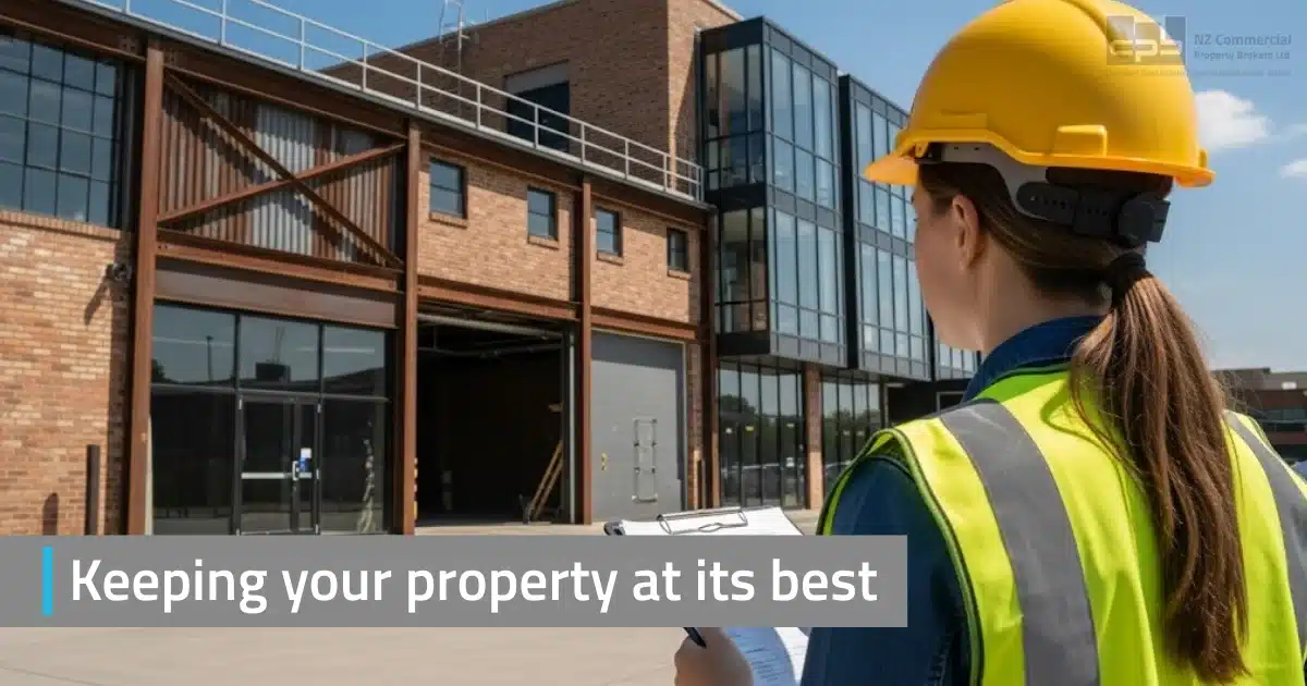 Property inspector in hard hat assessing a commercial building exterior for maintenance.