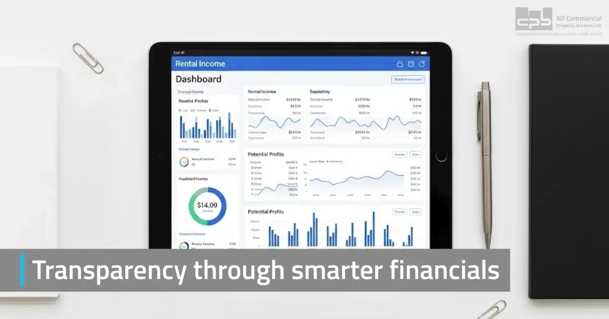 Rental income dashboard on tablet showing profits, trends, and property performance metrics.