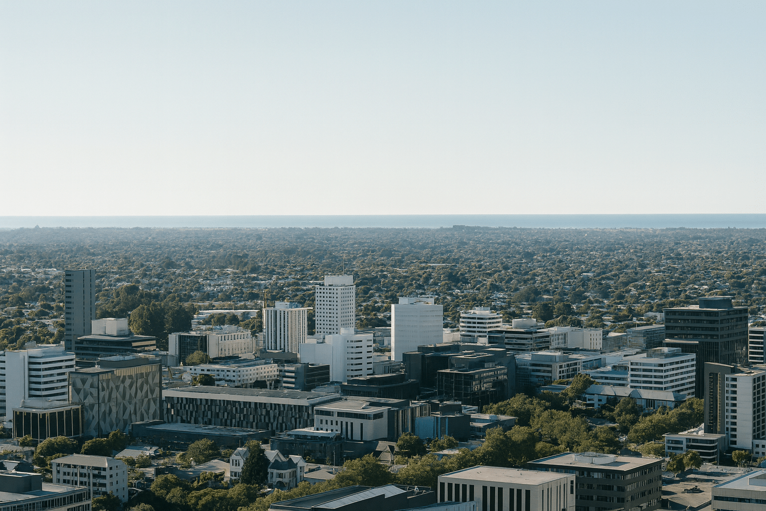 A wide shot of a Hamilton, New Zealand city skyline showing modern commercial buildings or office blocks, with clear skies and neutral tones.