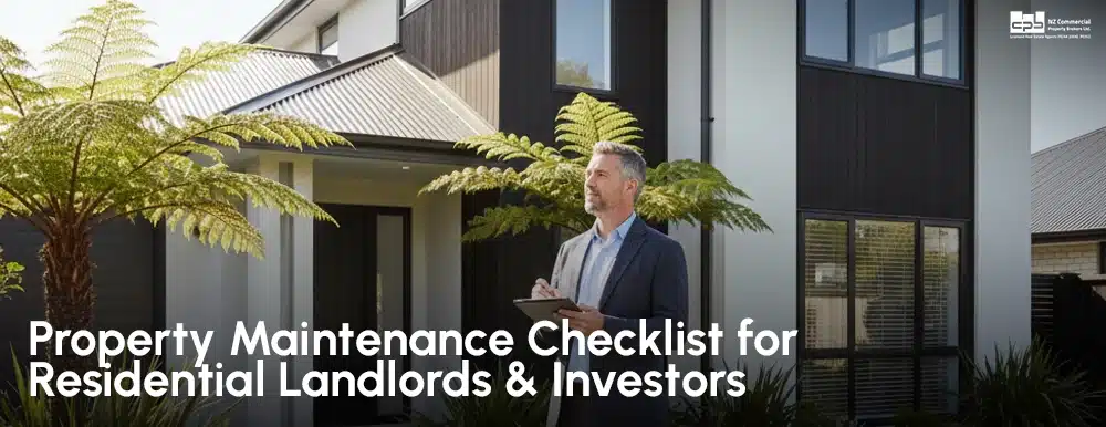 Property maintenance checklist banner with landlord holding a clipboard outside a modern rental home.