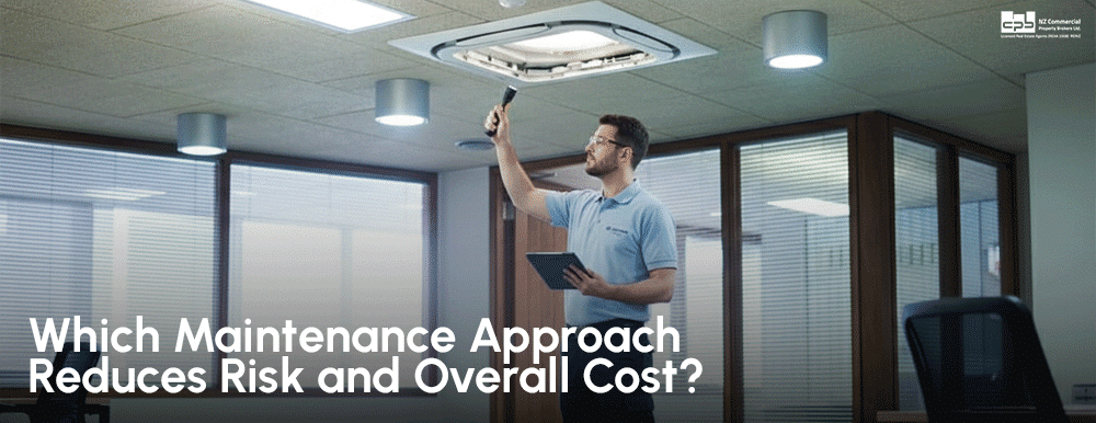 Technician inspecting ceiling unit during commercial property maintenance in a New Zealand office