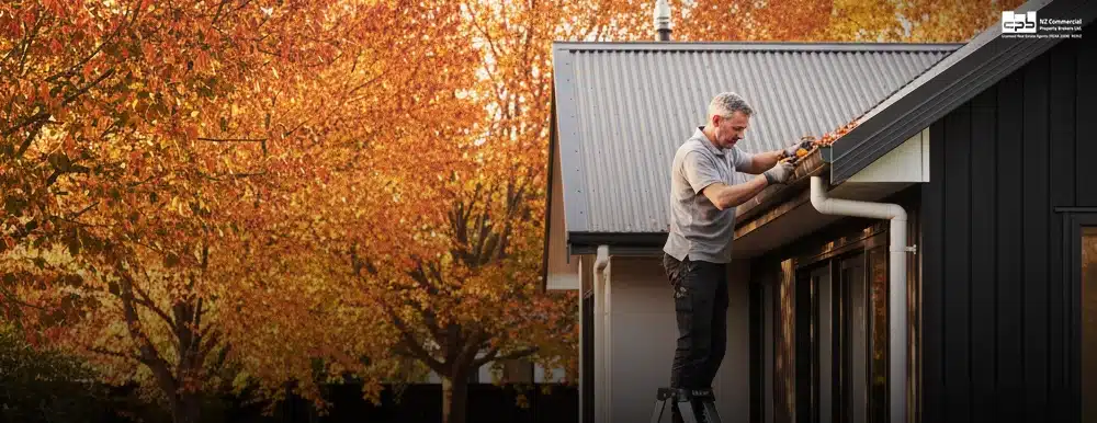 Property maintenance gutter cleaning as leaves are cleared from the roofline during autumn.