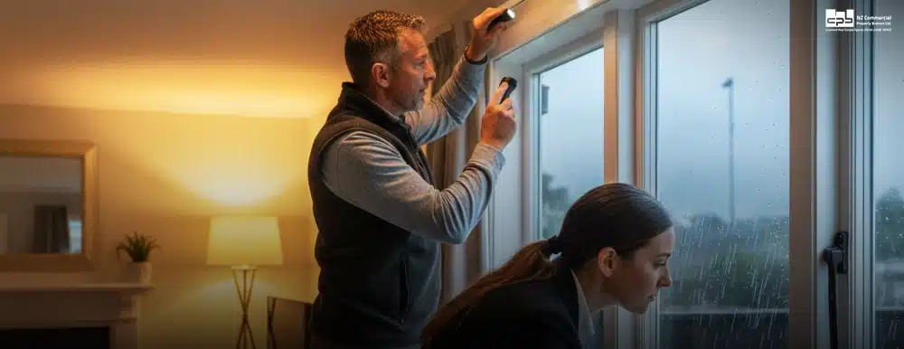 Property maintenance winter check with a landlord inspecting window seals for moisture, condensation, and mould risk.