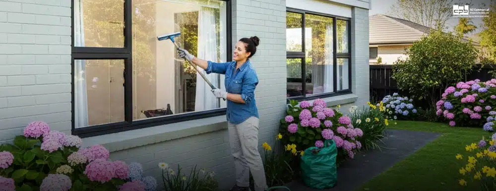 Property maintenance spring refresh with exterior window washing beside a clean, well-kept garden.