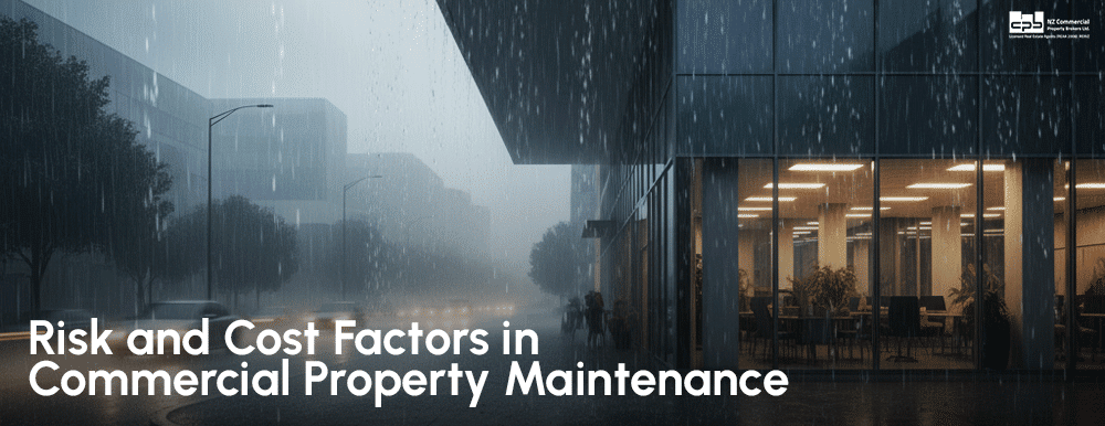 Heavy rain on glass office building showing commercial property maintenance risk and cost