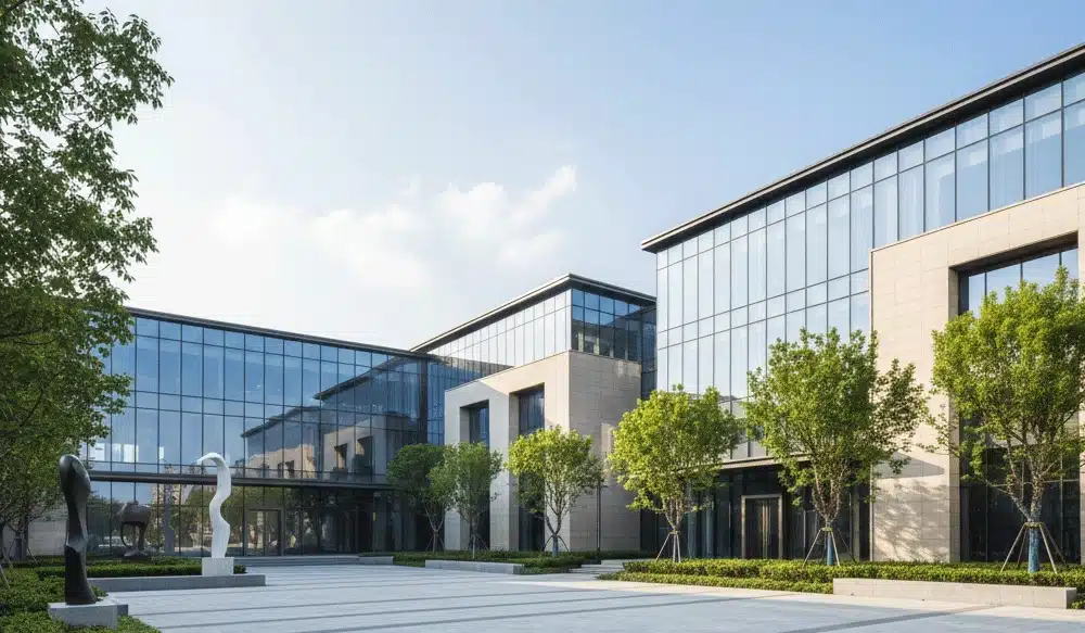 Modern glass-fronted commercial building in Hamilton representing local commercial property brokerage support